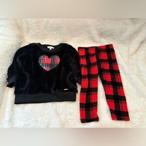 🌸5/$50🌸Girls Black Plush Heart Sweater with Red Plaid Leggings